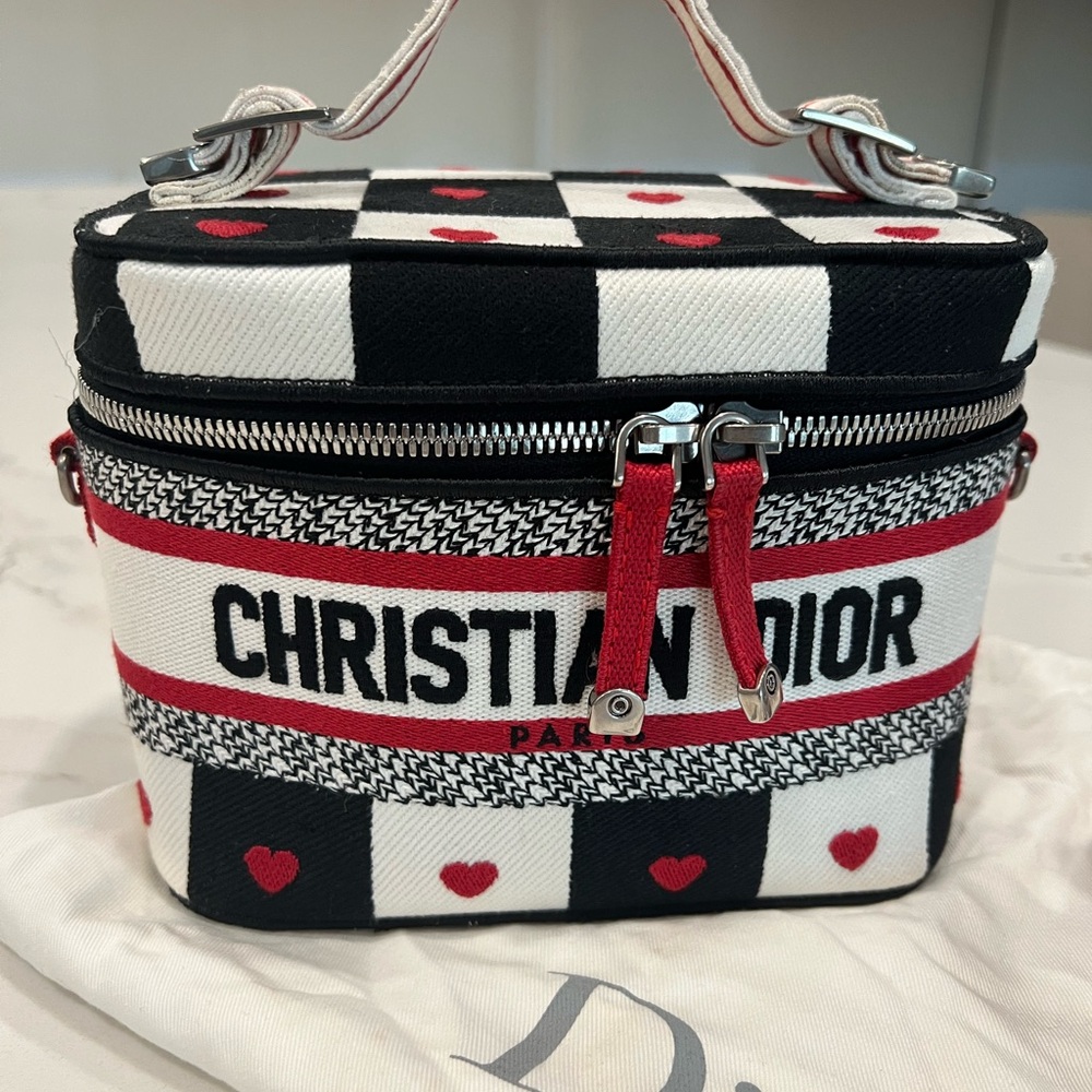 CHRISTIAN DIOR Amour Heart Love Travel Vanity Canvas Bag Black and White